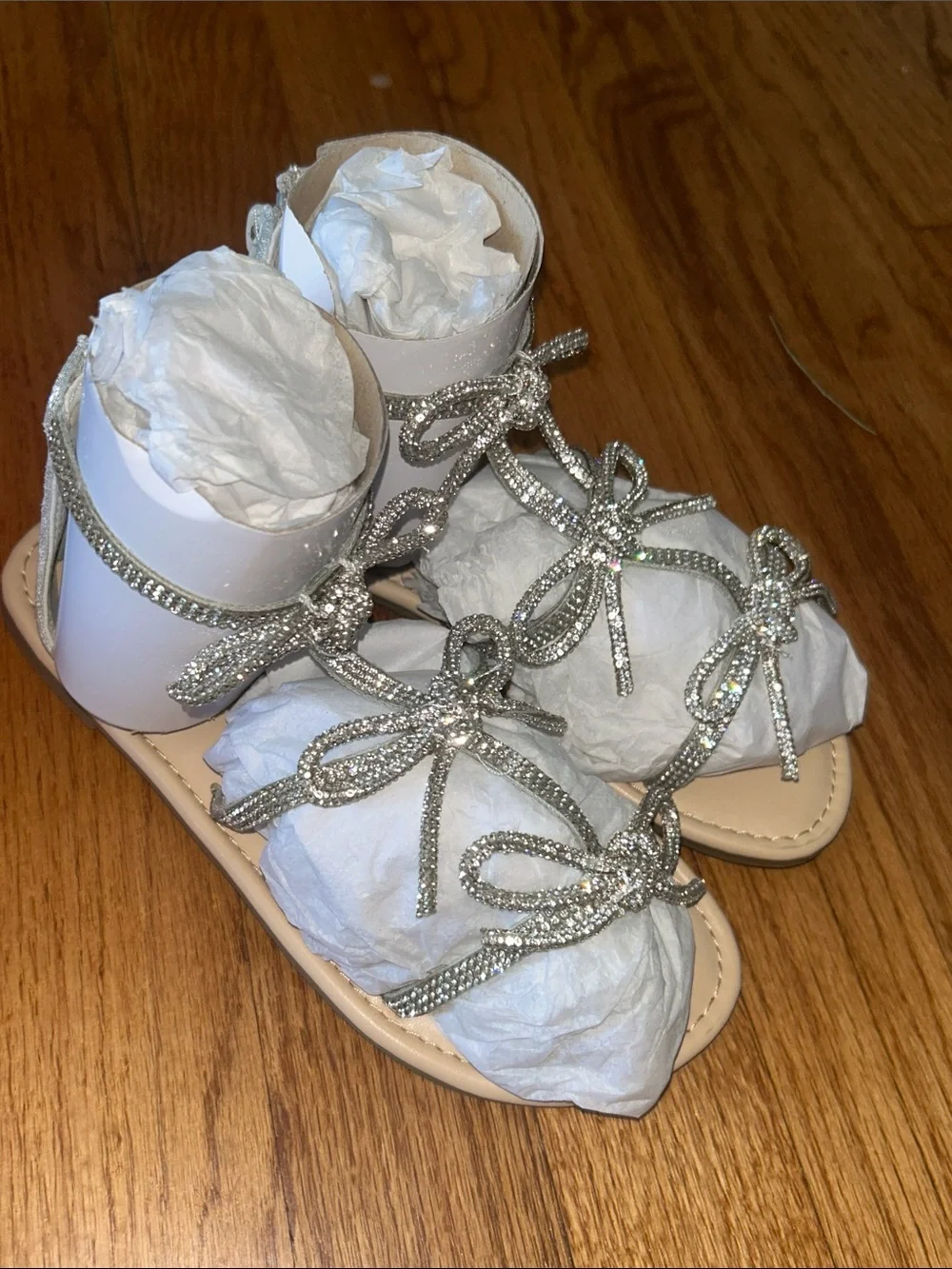 Rhinestone Bow T-Strap Leather Flat Sandals in Silver - Sugar NIB 13